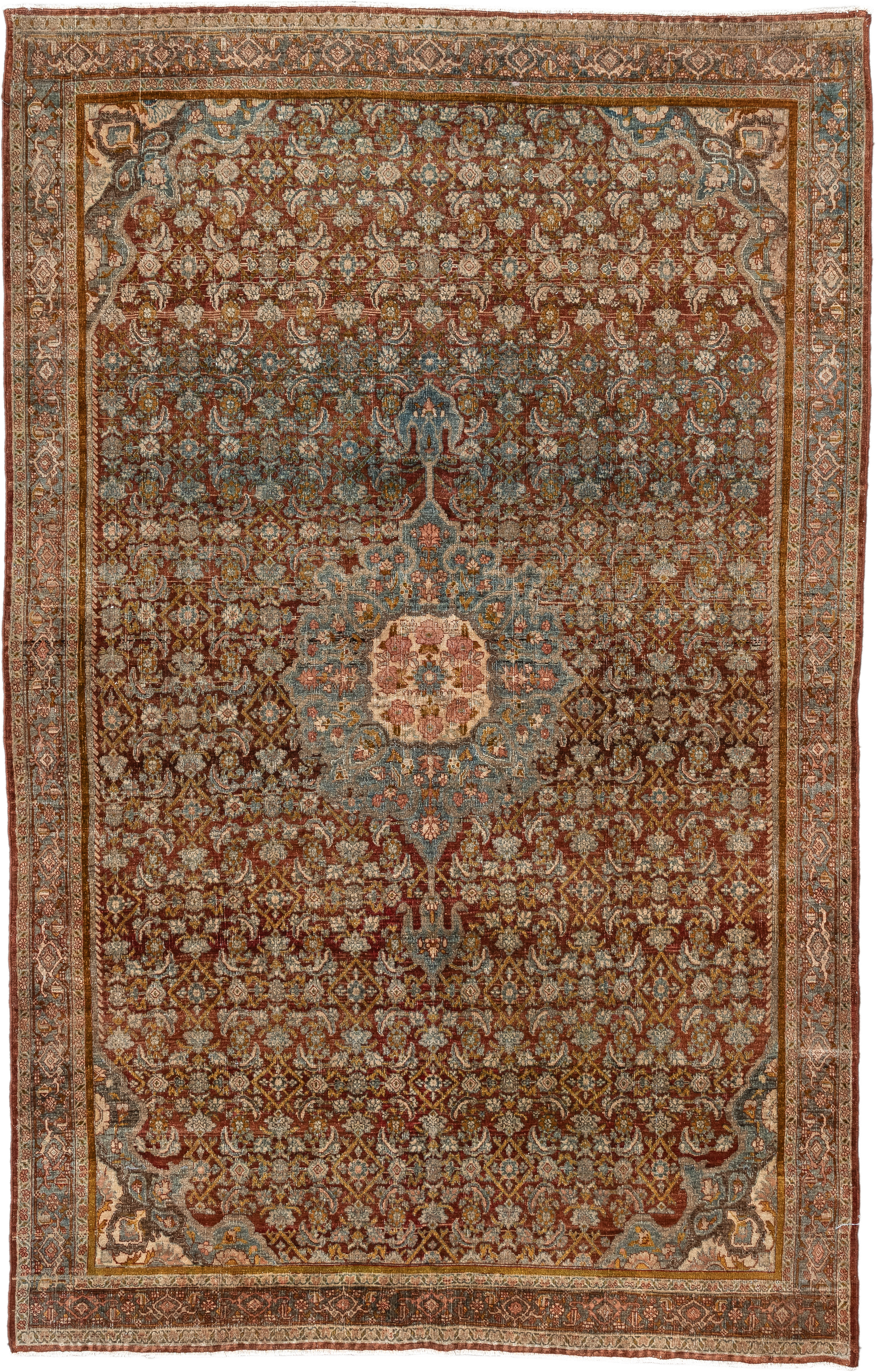 4' x 7' one-of-a-kind handmade vintage Bidjar rug. Color palette: rust, ivory, pale blue, taupe, rose, gold, brown
