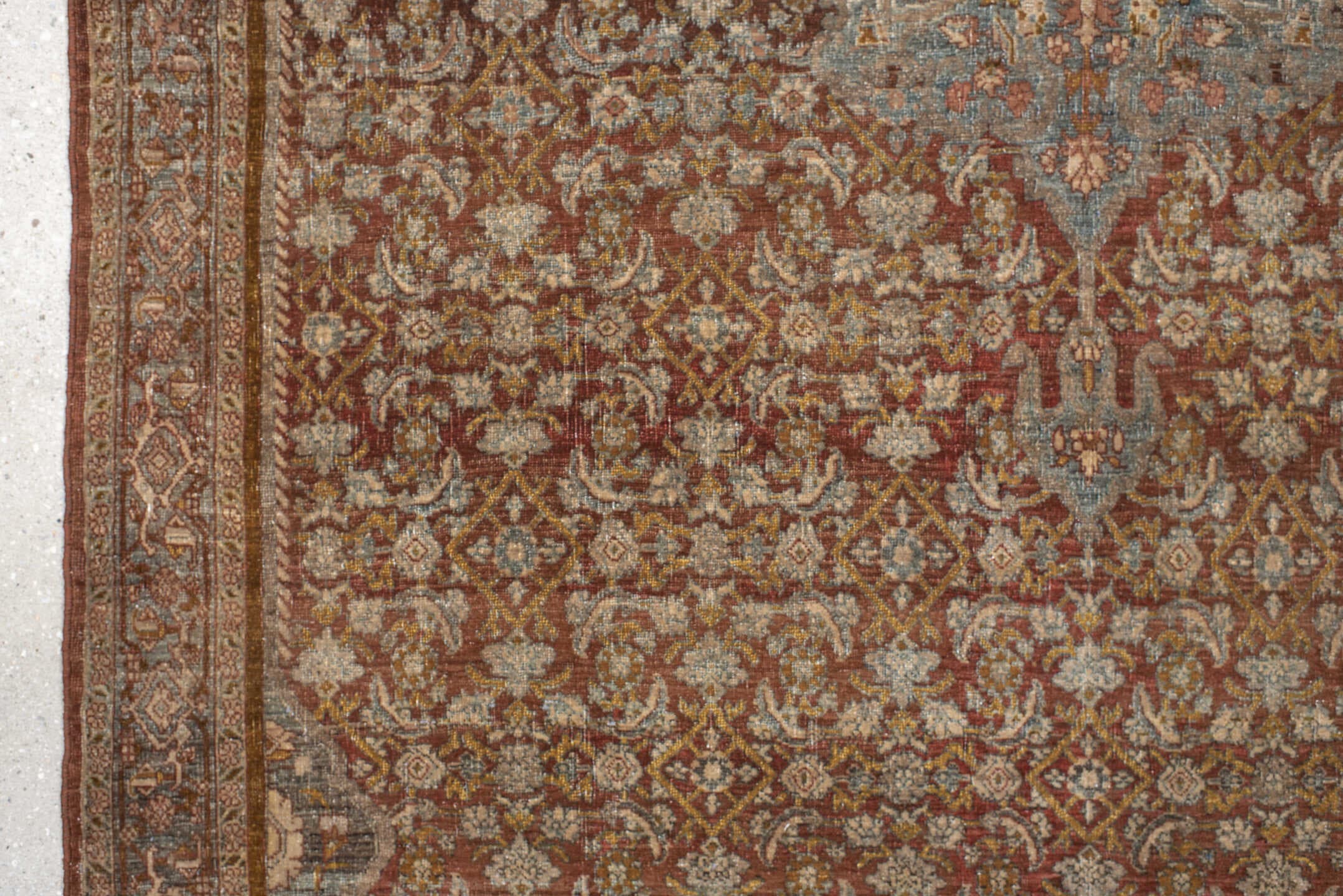 4' x 7' one-of-a-kind handmade vintage Bidjar rug. Color palette: rust, ivory, pale blue, taupe, rose, gold, brown