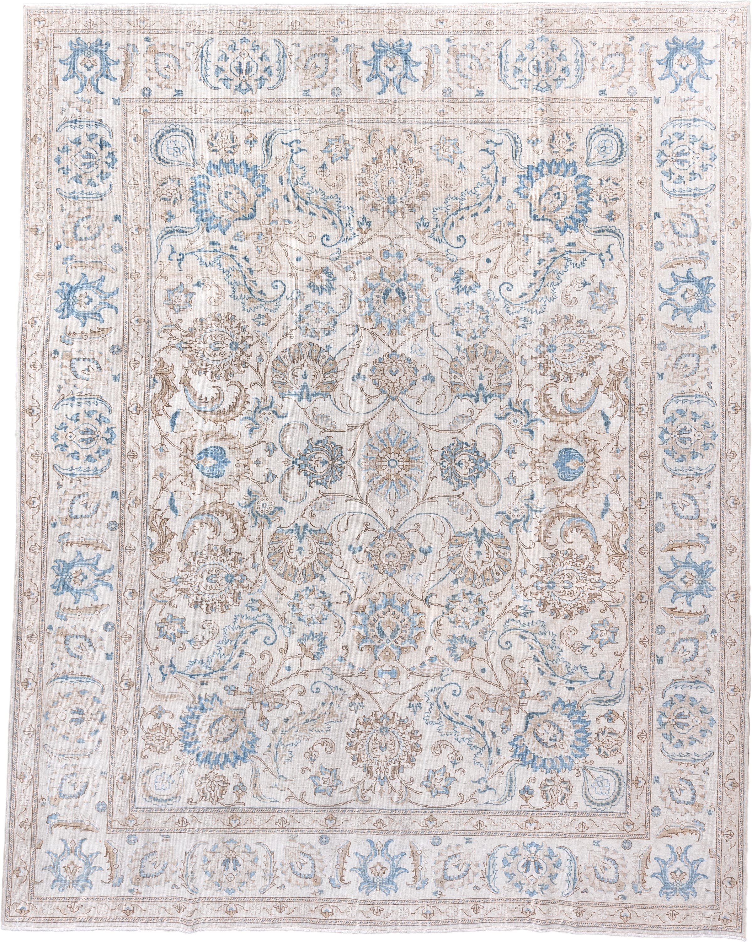 10' x 13' one-of-a-kind handmade vintage Tabriz large size rug. Color palette: ivory, sky_blue, beige, taupe, camel