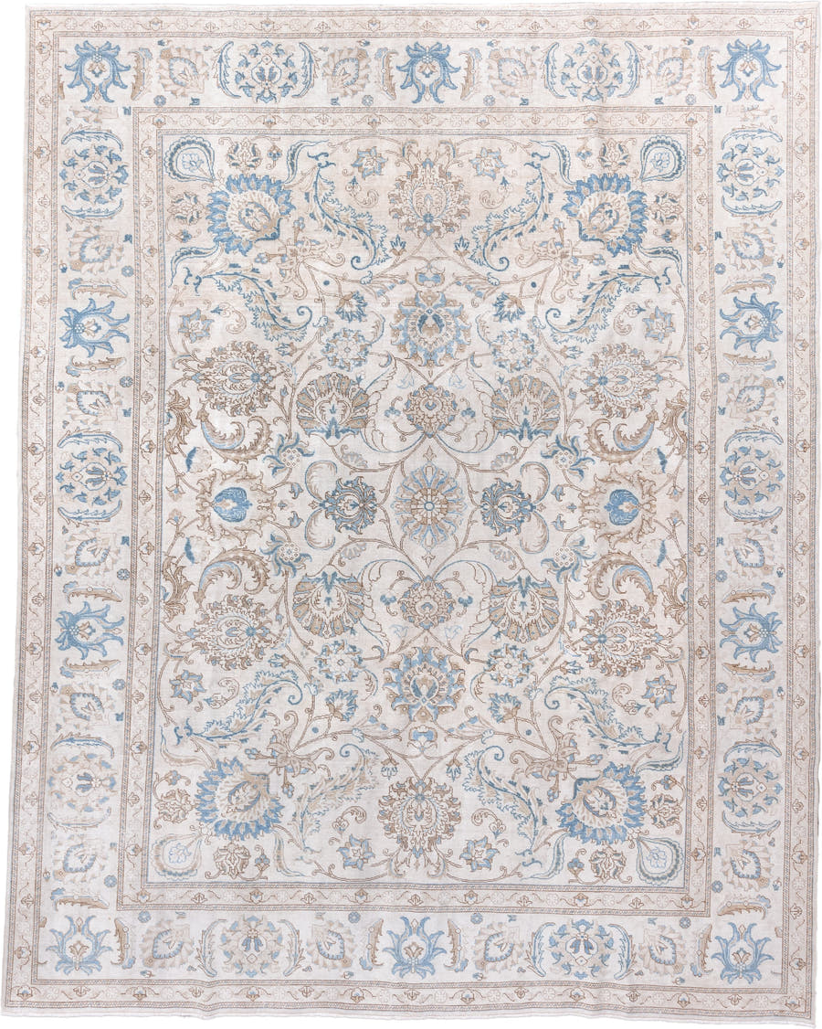 10' x 13' one-of-a-kind handmade vintage Tabriz large size rug. Color palette: ivory, sky_blue, beige, taupe, camel