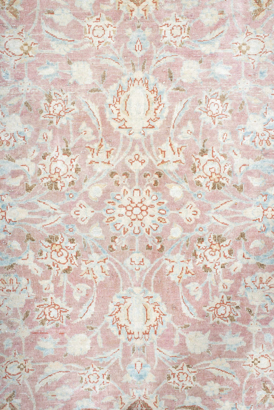 8' x 12' one-of-a-kind handmade antique Kerman large size rug. Color palette: blush, ivory, powder_blue, rose, terra_cotta