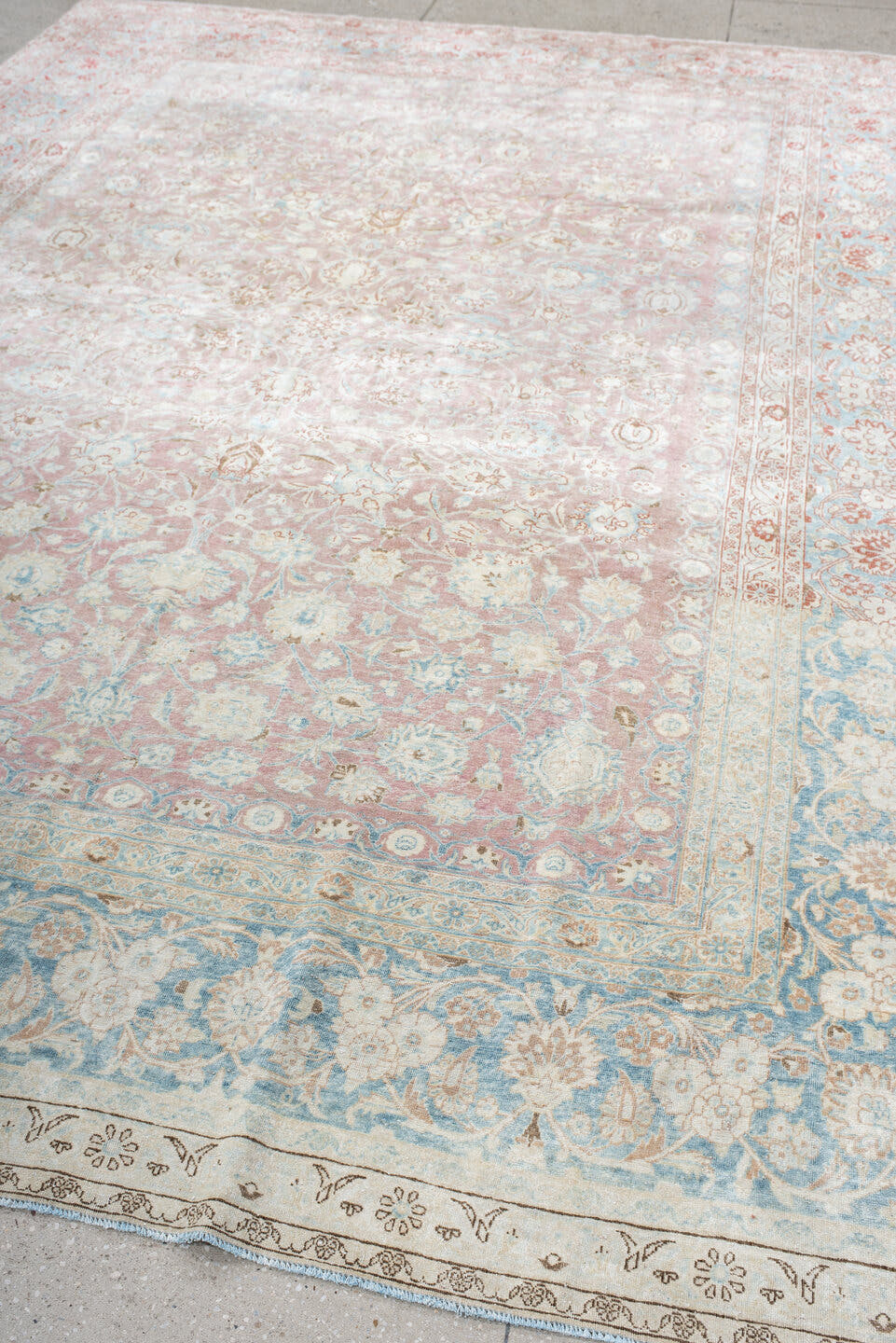 8' x 12' one-of-a-kind handmade antique Kerman large size rug. Color palette: blush, ivory, powder_blue, rose, terra_cotta