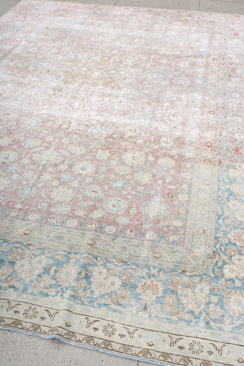 8' x 12' one-of-a-kind handmade antique Kerman large size rug. Color palette: blush, ivory, powder_blue, rose, terra_cotta