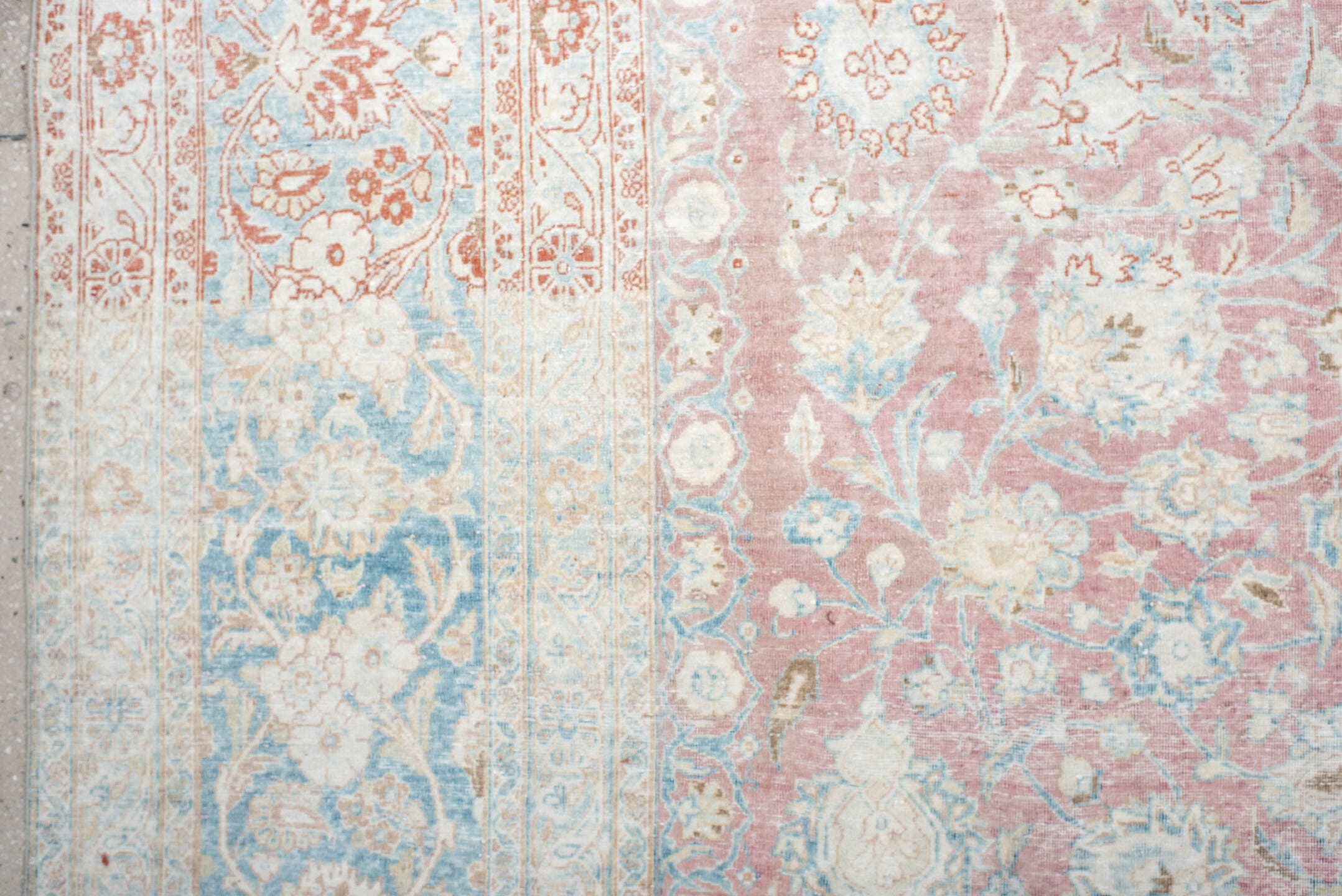 8' x 12' one-of-a-kind handmade antique Kerman large size rug. Color palette: blush, ivory, powder_blue, rose, terra_cotta