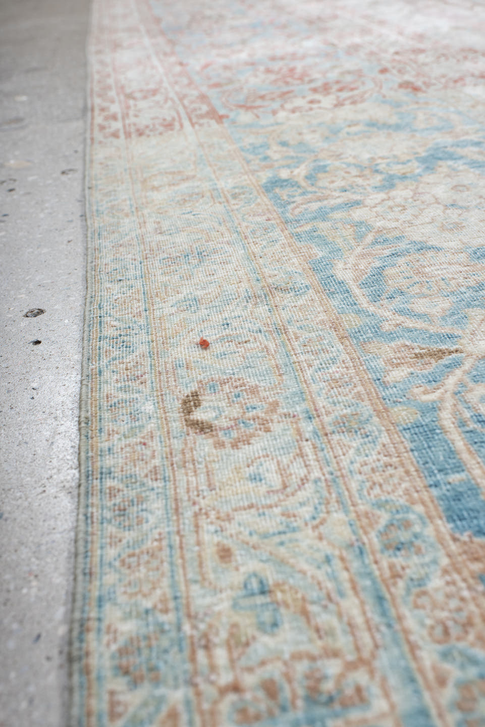 8' x 12' one-of-a-kind handmade antique Kerman large size rug. Color palette: blush, ivory, powder_blue, rose, terra_cotta