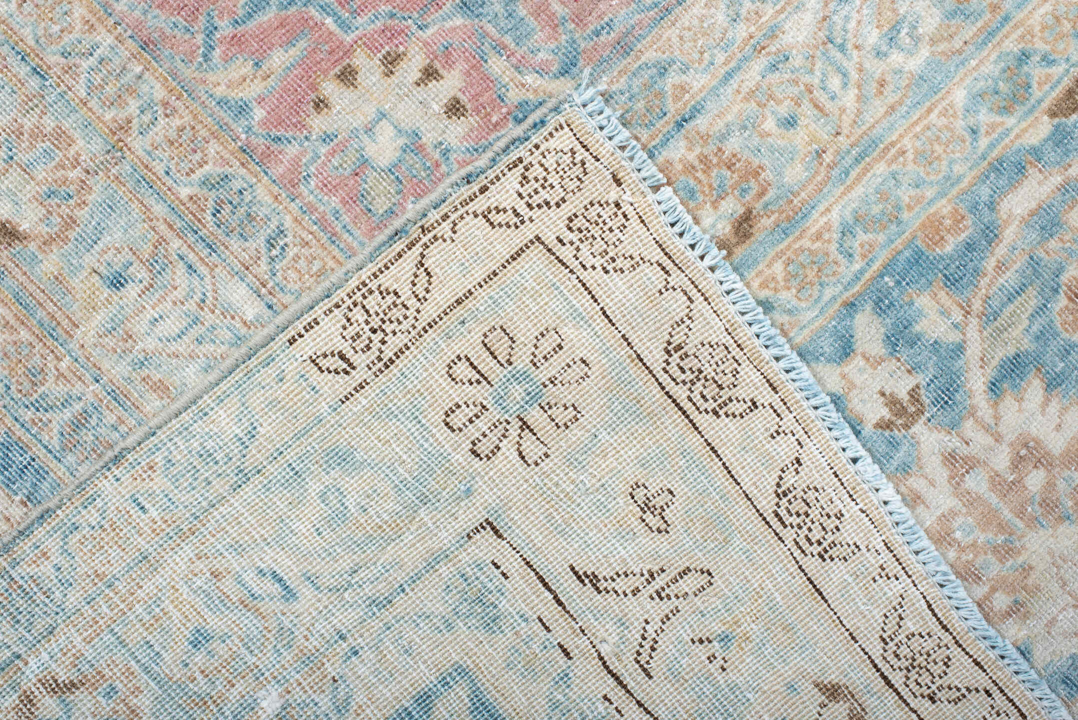 8' x 12' one-of-a-kind handmade antique Kerman large size rug. Color palette: blush, ivory, powder_blue, rose, terra_cotta