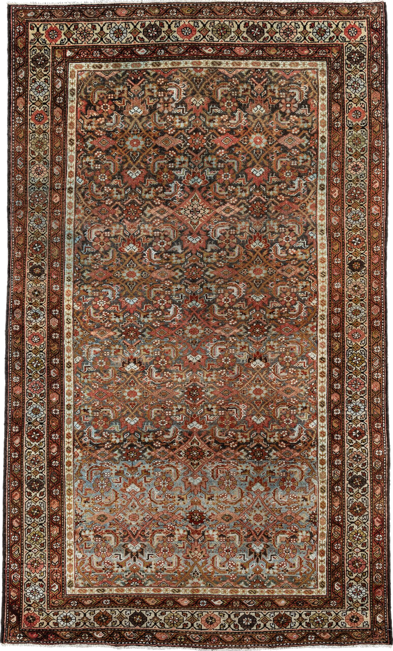 4' x 7' one-of-a-kind handmade vintage Malayer rug. Color palette: antiquewhite, black, brown, gray, light gray, linen