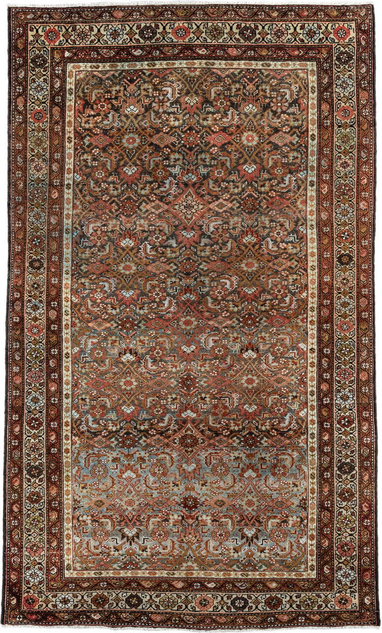 4' x 7' one-of-a-kind handmade antique Malayer rug. Color palette: rust, ivory, brown, sky blue, camel, charcoal, rose, gold