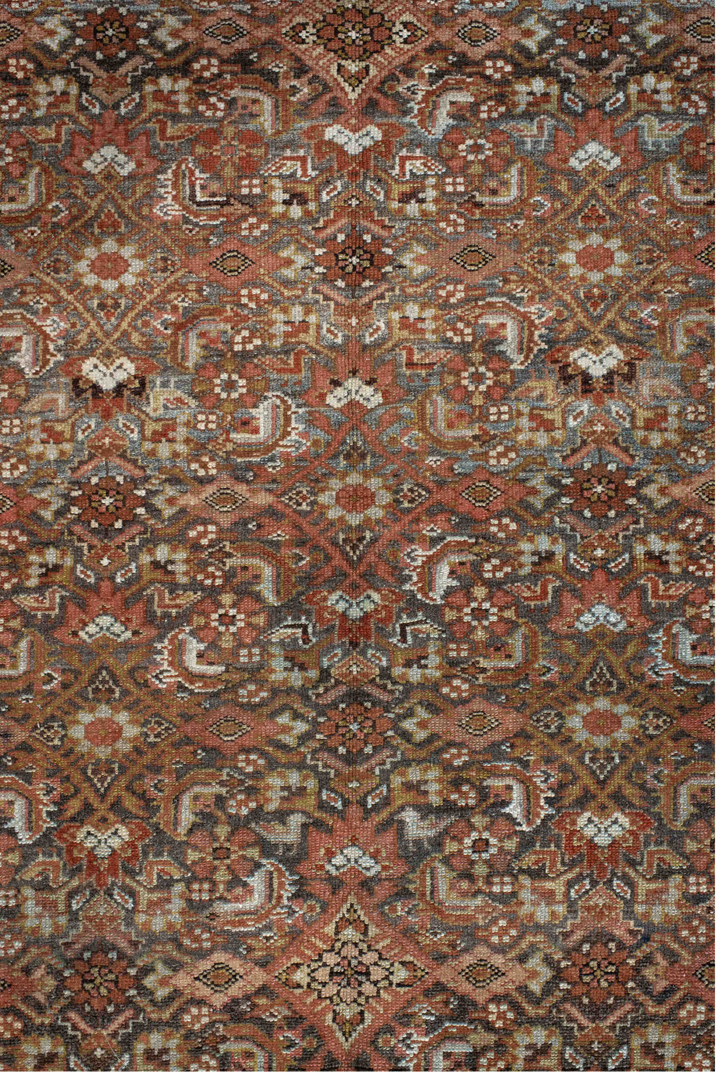 4' x 7' one-of-a-kind handmade vintage Malayer rug. Color palette: antiquewhite, black, brown, gray, light gray, linen