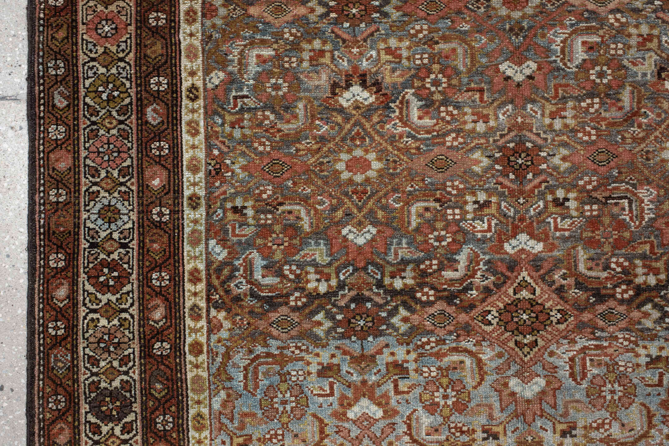 4' x 7' one-of-a-kind handmade antique Malayer rug. Color palette: rust, ivory, brown, sky blue, camel, charcoal, rose, gold