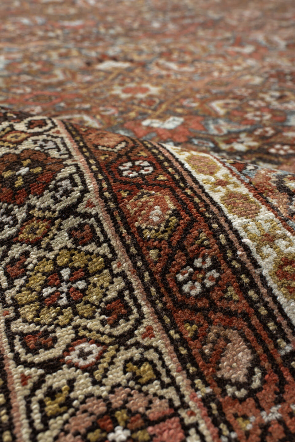 4' x 7' one-of-a-kind handmade antique Malayer rug. Color palette: rust, ivory, brown, sky blue, camel, charcoal, rose, gold