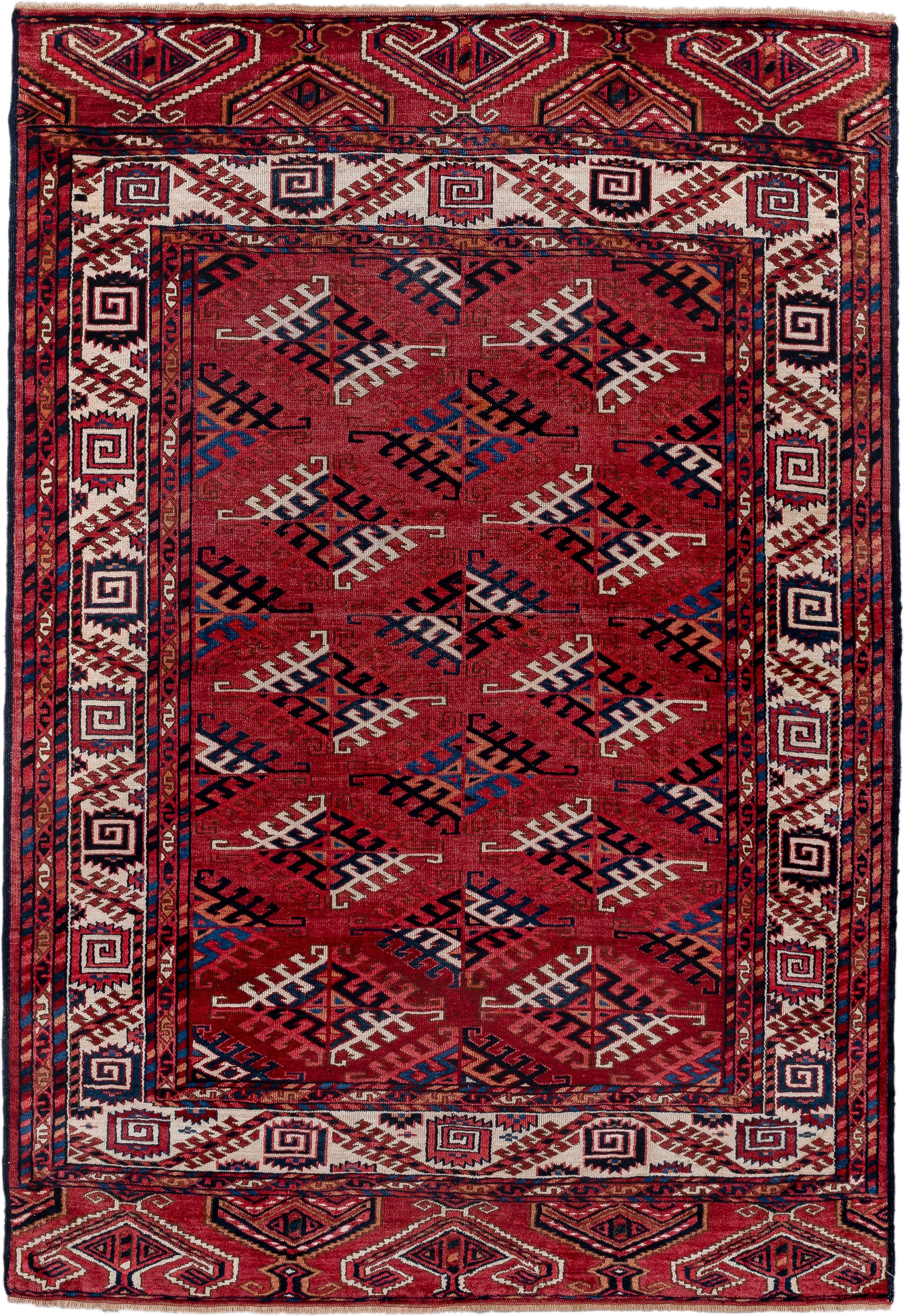 4' x 5' one-of-a-kind handmade vintage Bokara small size rug. Color palette: red, ivory, navy, burgundy, rust, cobalt, black