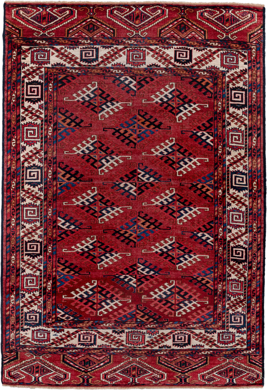 4' x 5' one-of-a-kind handmade vintage Bokara small size rug. Color palette: red, ivory, navy, burgundy, rust, cobalt, black