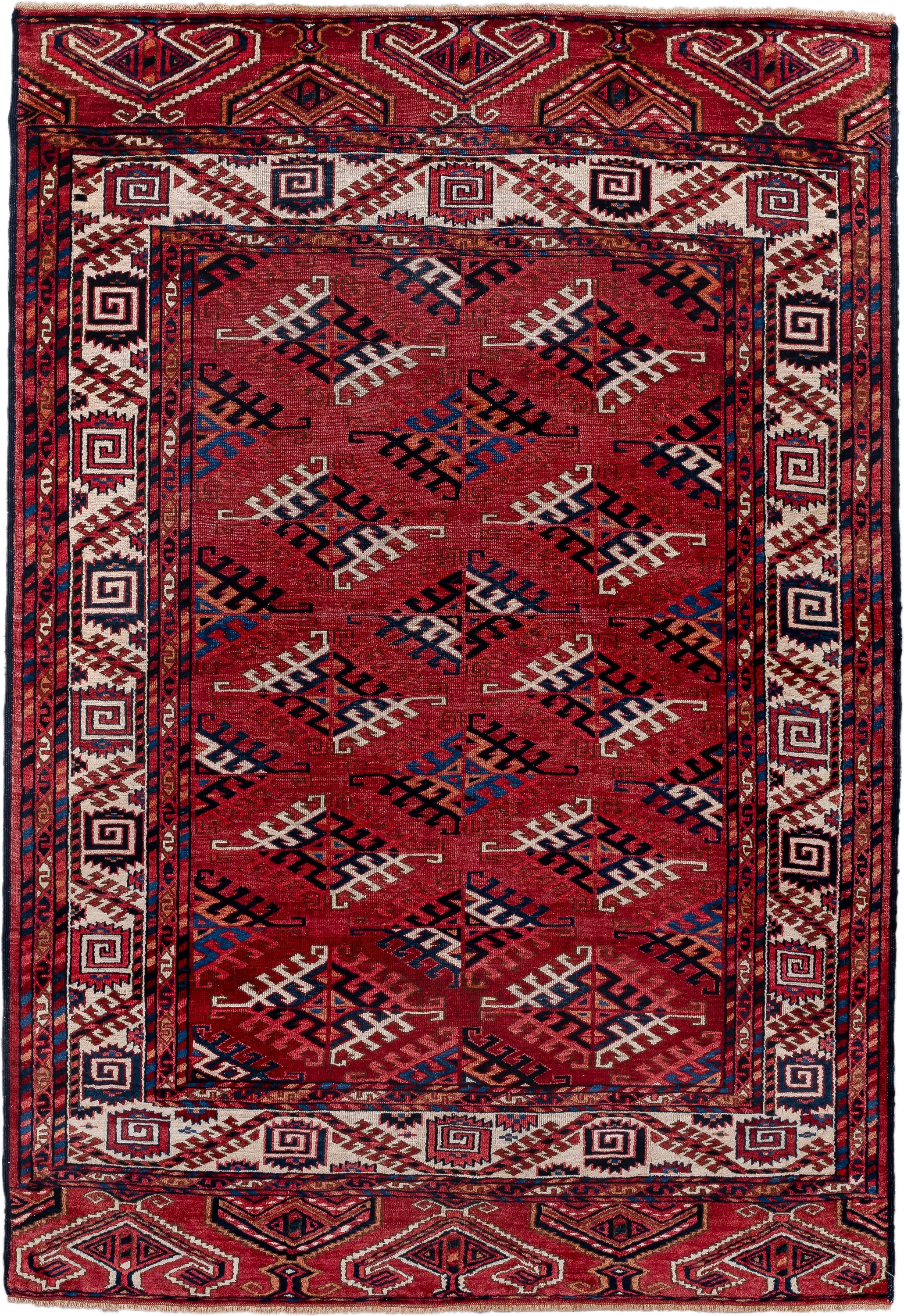 4' x 5' one-of-a-kind handmade vintage Bokara small size rug. Color palette: red, ivory, navy, burgundy, rust, cobalt, black