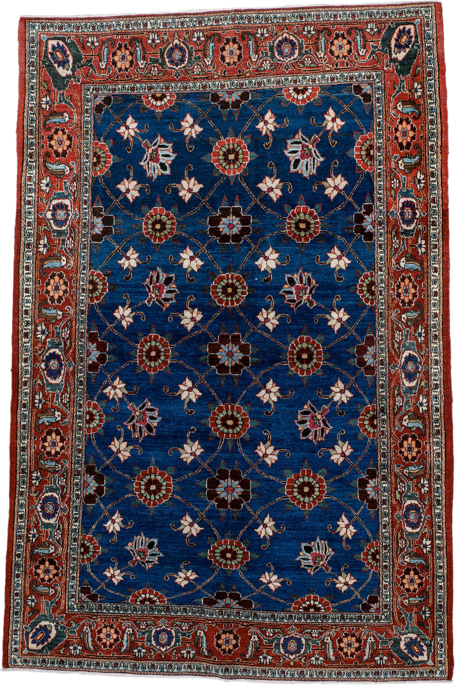 4' x 6' one-of-a-kind handmade antique Varamin small size rug. Color palette: cobalt, rust, ivory, navy, sage, burgundy