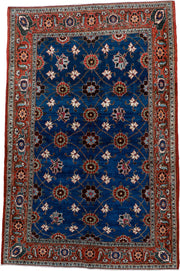 4' x 6' one-of-a-kind handmade antique Varamin small size rug. Color palette: cobalt, rust, ivory, navy, sage, burgundy