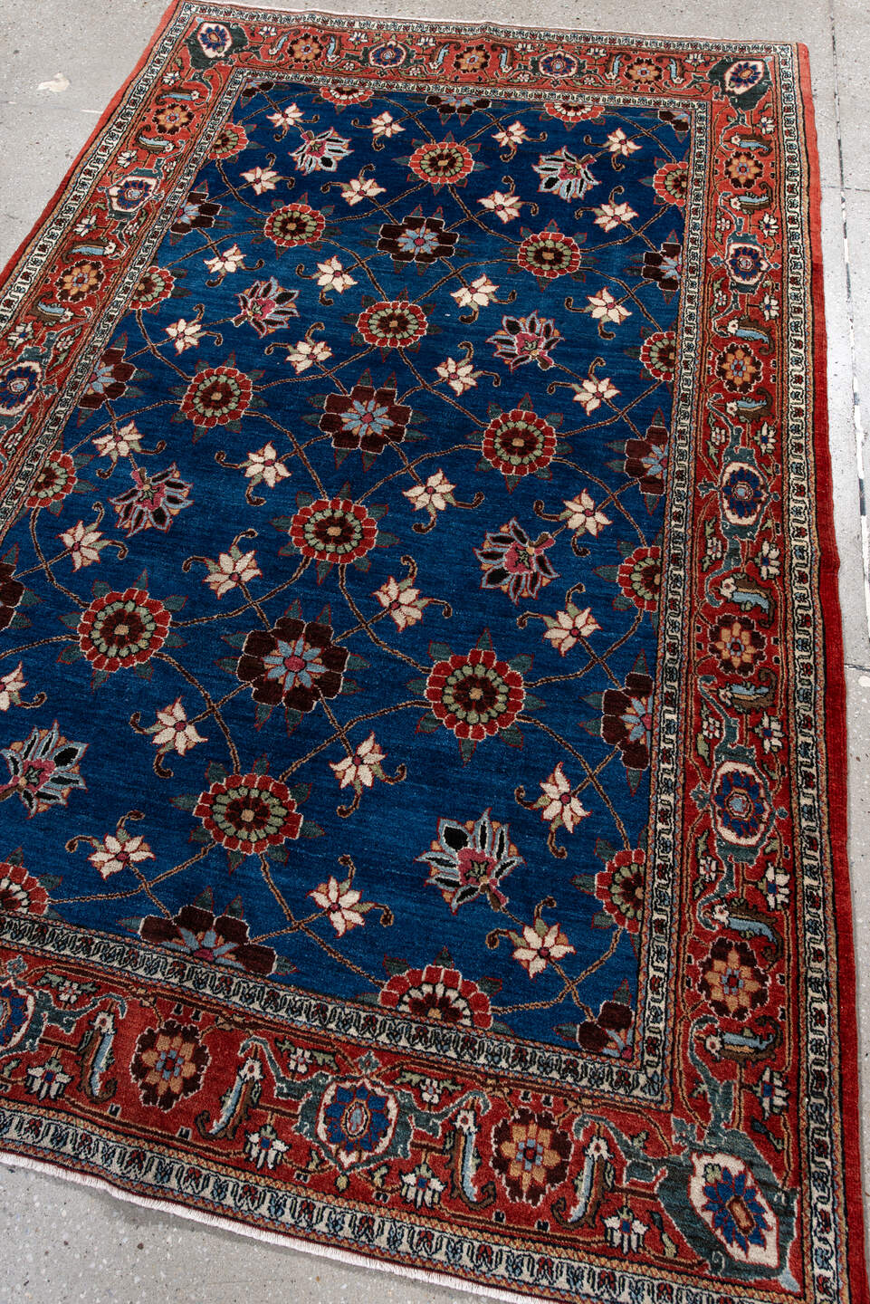 4' x 6' one-of-a-kind handmade antique Varamin small size rug. Color palette: cobalt, rust, ivory, navy, sage, burgundy