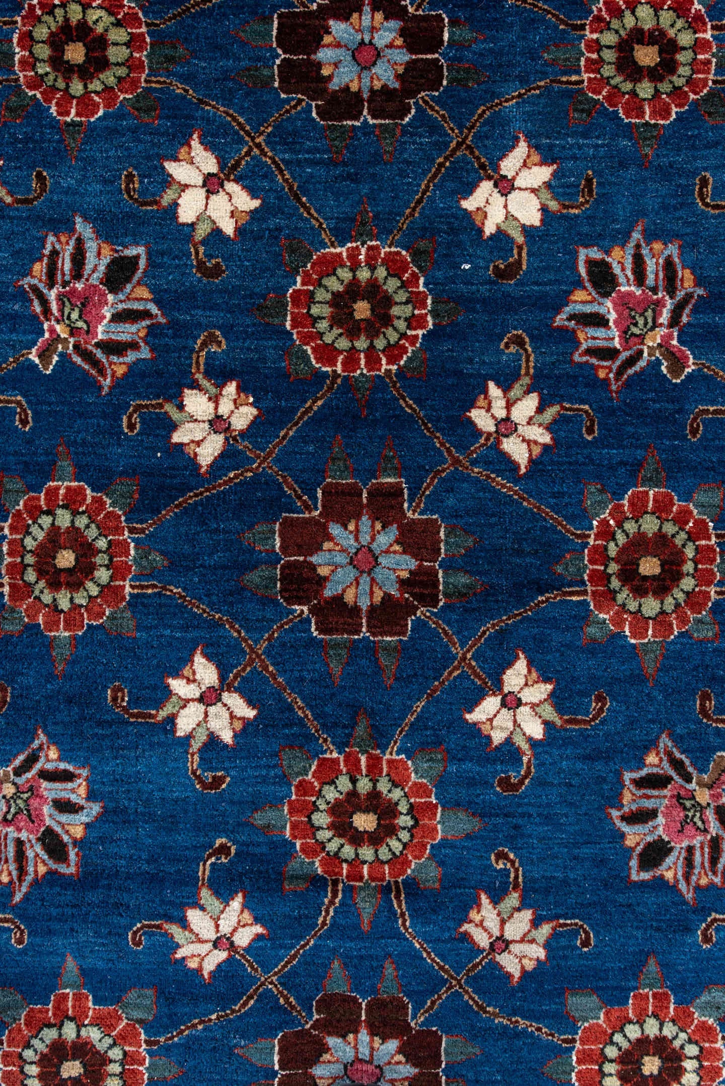 4' x 6' one-of-a-kind handmade antique Varamin small size rug. Color palette: cobalt, rust, ivory, navy, sage, burgundy