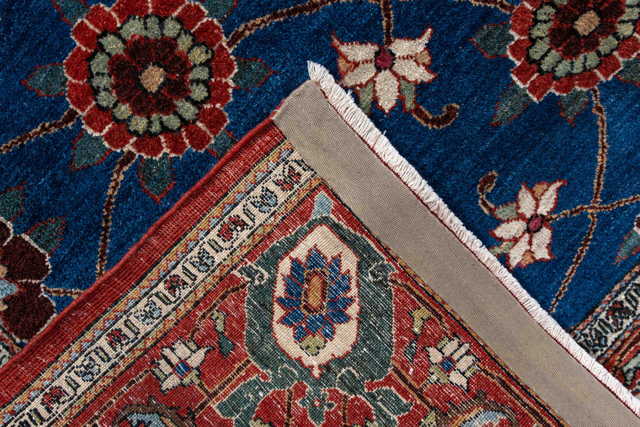 4' x 6' one-of-a-kind handmade vintage Varamin small size rug. Color palette: arapawa, blue, brown, gray, light gray