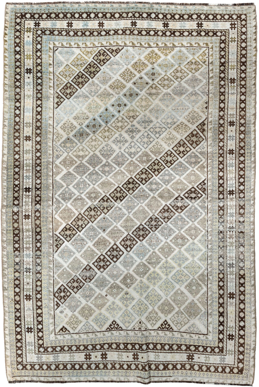 4' x 6' one-of-a-kind handmade vintage Gabbe small size rug. Color palette: ivory, taupe, brown, pale blue, beige, camel