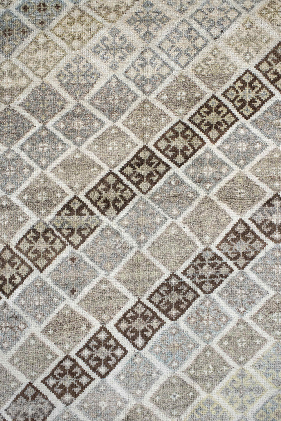 4' x 6' one-of-a-kind handmade vintage Gabbe small size rug. Color palette: ivory, taupe, brown, pale blue, beige, camel