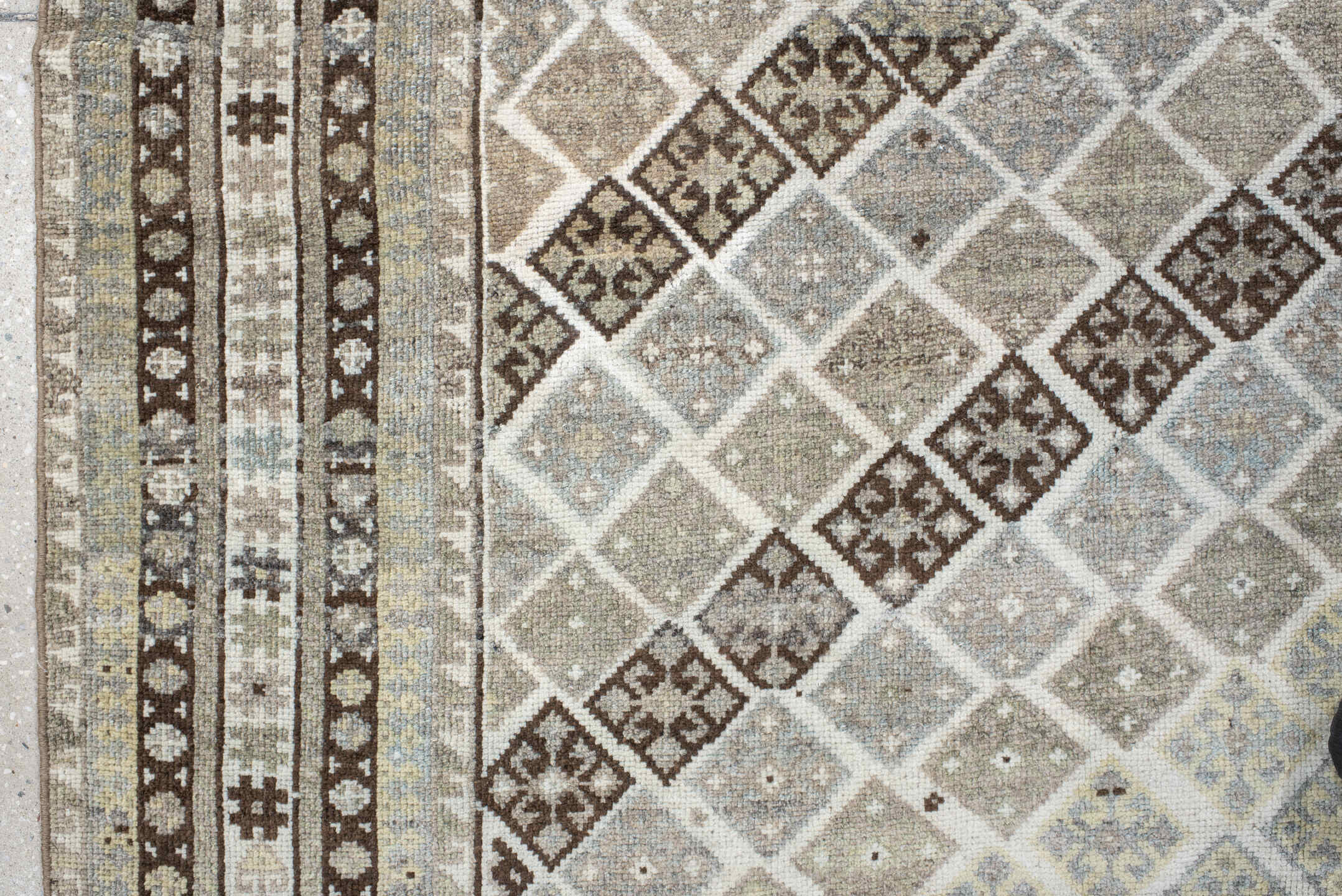 4' x 6' one-of-a-kind handmade vintage Gabbe small size rug. Color palette: ivory, taupe, brown, pale blue, beige, camel