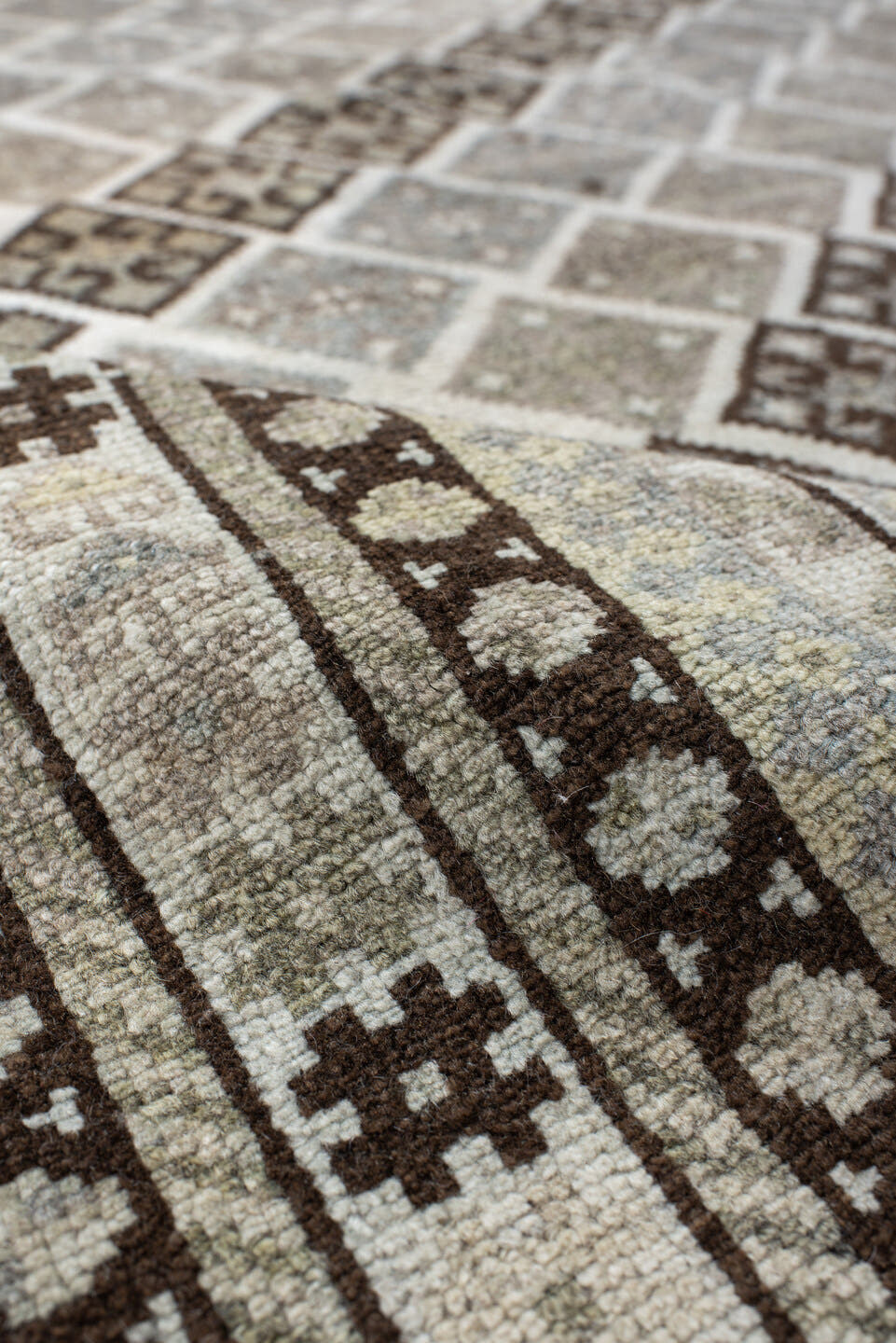 4' x 6' one-of-a-kind handmade vintage Gabbe small size rug. Color palette: ivory, taupe, brown, pale blue, beige, camel