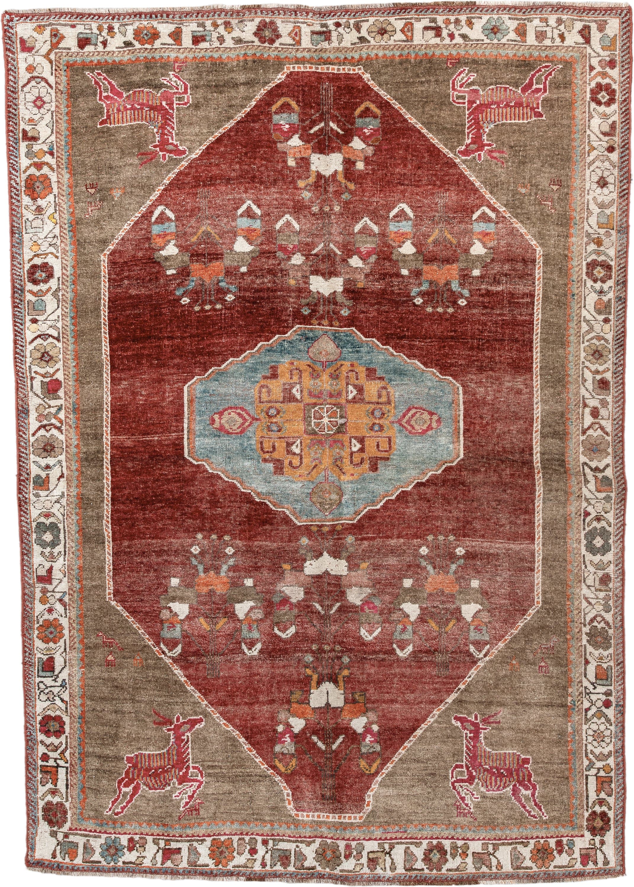 5' x 7' one-of-a-kind handmade antique Gabbe rug. Color palette: rust, taupe, ivory, sky blue, terra cotta, sage, gold, rose
