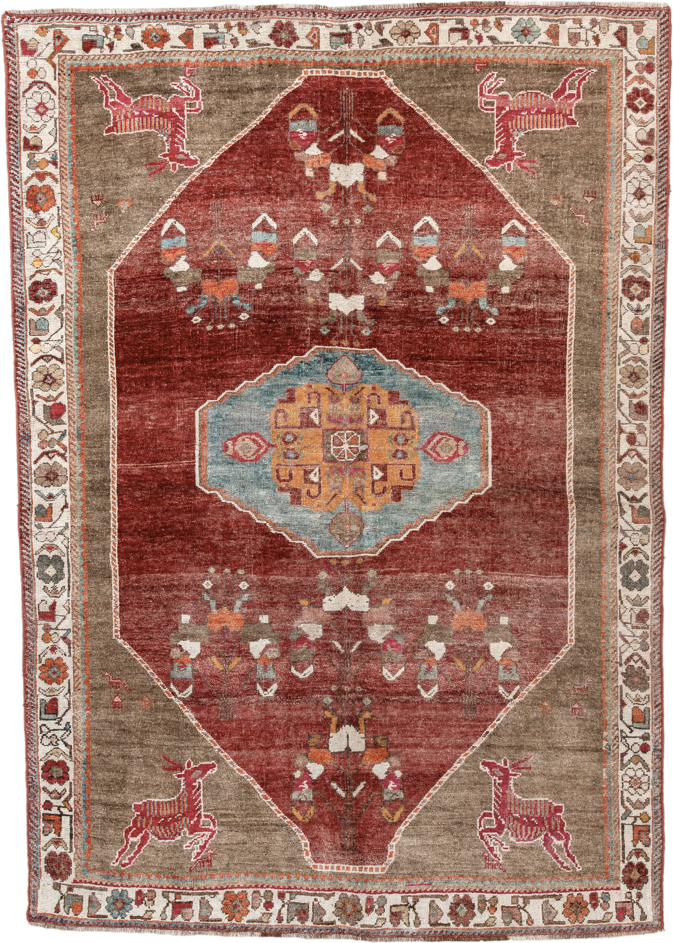 5' x 7' one-of-a-kind handmade antique Gabbe rug. Color palette: rust, taupe, ivory, sky blue, terra cotta, sage, gold, rose