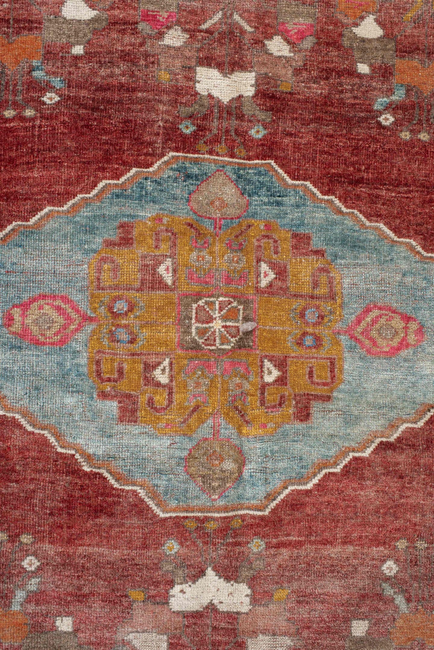 5' x 7' one-of-a-kind handmade antique Gabbe rug. Color palette: rust, taupe, ivory, sky blue, terra cotta, sage, gold, rose