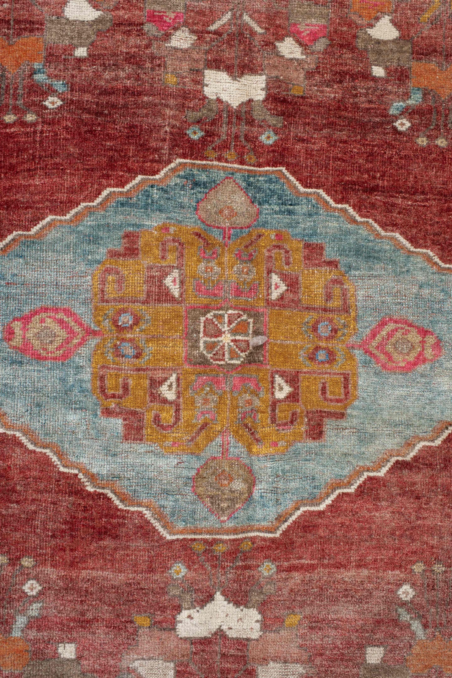 5' x 7' one-of-a-kind handmade antique Gabbe rug. Color palette: rust, taupe, ivory, sky blue, terra cotta, sage, gold, rose