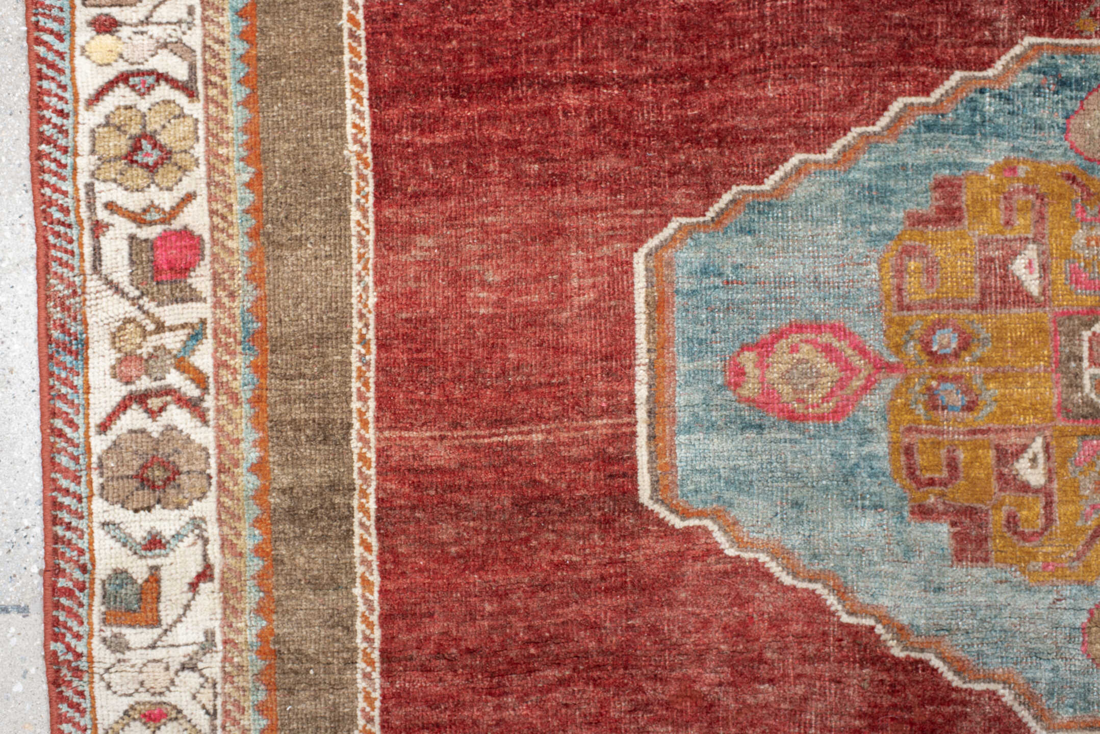5' x 7' one-of-a-kind handmade antique Gabbe rug. Color palette: rust, taupe, ivory, sky blue, terra cotta, sage, gold, rose