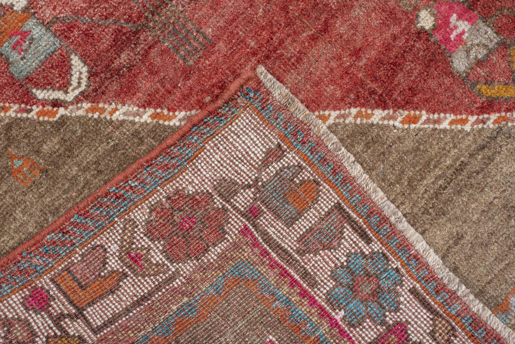5' x 7' one-of-a-kind handmade antique Gabbe rug. Color palette: rust, taupe, ivory, sky blue, terra cotta, sage, gold, rose