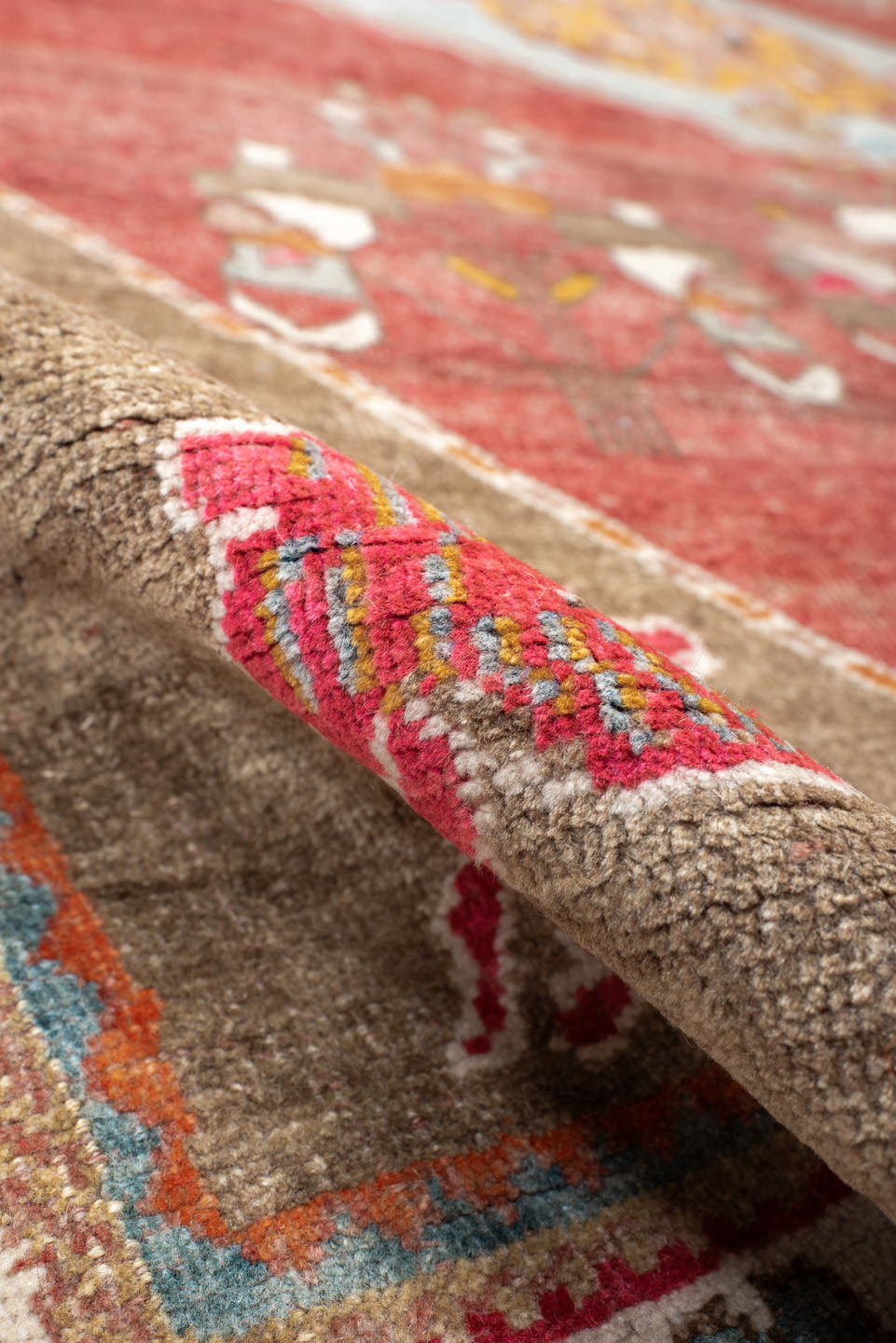 5' x 7' one-of-a-kind handmade antique Gabbe rug. Color palette: rust, taupe, ivory, sky blue, terra cotta, sage, gold, rose