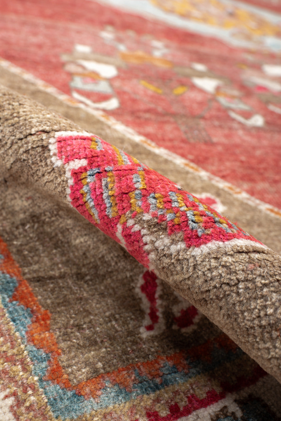 5' x 7' one-of-a-kind handmade antique Gabbe rug. Color palette: rust, taupe, ivory, sky blue, terra cotta, sage, gold, rose