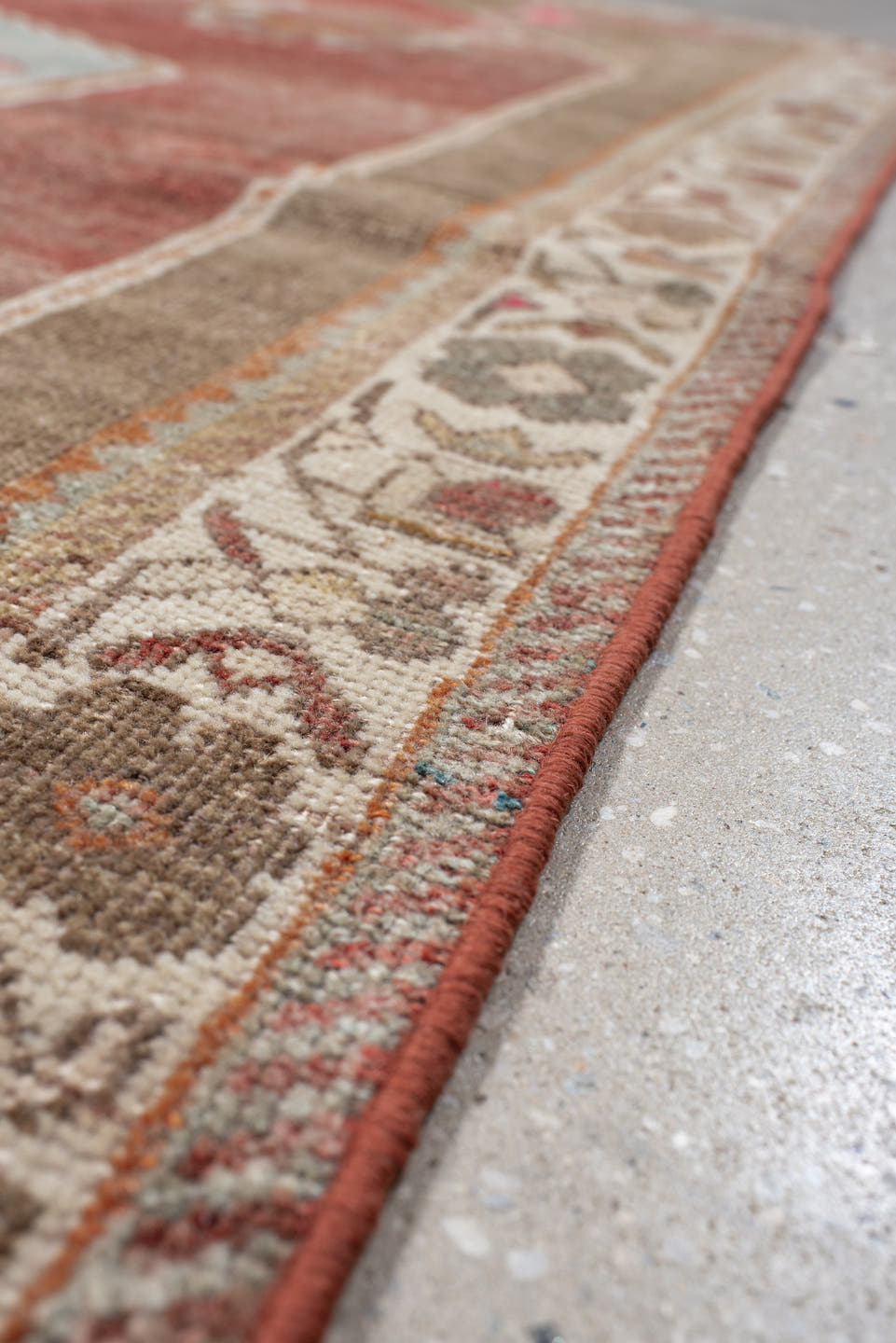 5' x 7' one-of-a-kind handmade antique Gabbe rug. Color palette: rust, taupe, ivory, sky blue, terra cotta, sage, gold, rose