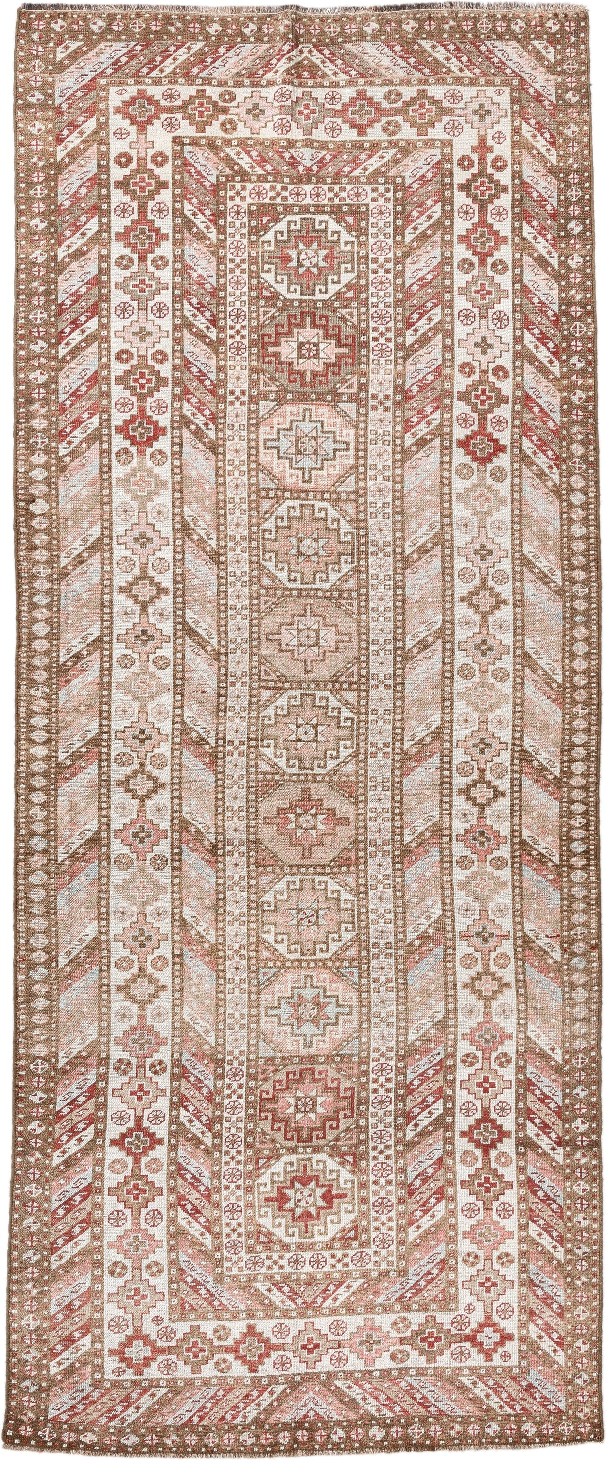4' x 10' one-of-a-kind handmade antique Caucasian runner rug. Color palette: ivory, taupe, rose, rust, camel, brown, beige