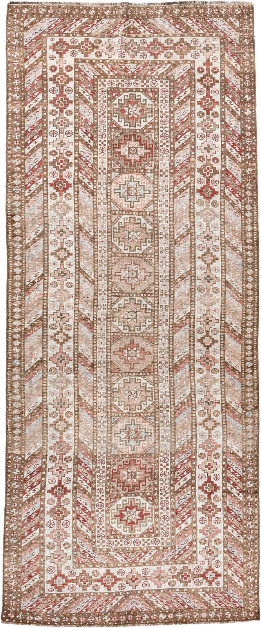4' x 10' one-of-a-kind handmade antique Caucasian runner rug. Color palette: ivory, taupe, rose, rust, camel, brown, beige