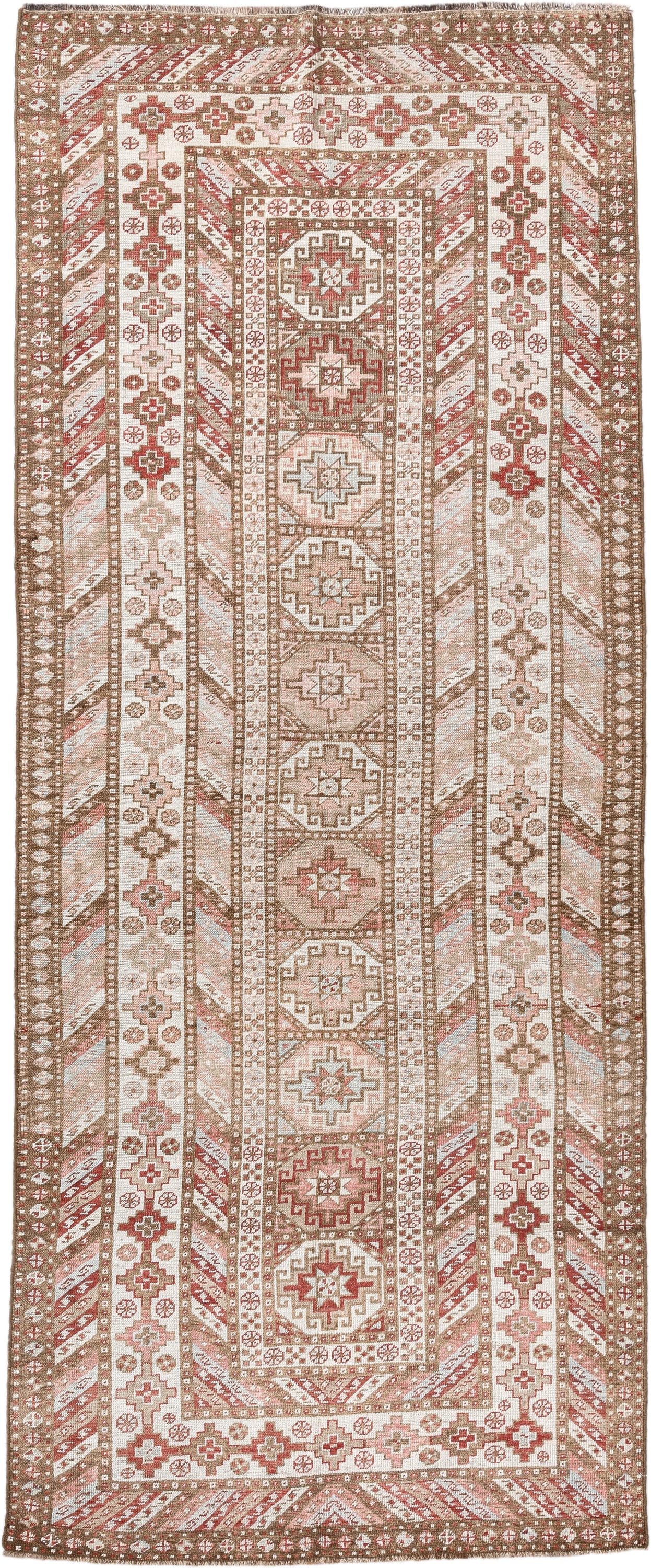 4' x 10' one-of-a-kind handmade antique Caucasian runner rug. Color palette: ivory, taupe, rose, rust, camel, brown, beige