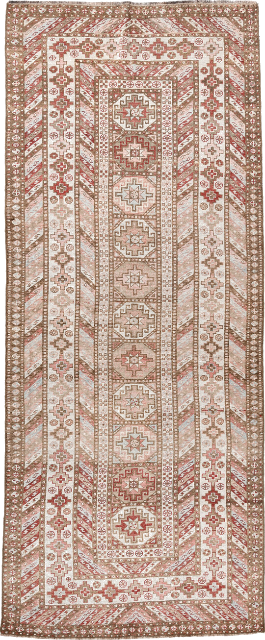 4' x 10' one-of-a-kind handmade vintage Caucasian runner rug. Color palette: brown, gray, light gray, misty rose, off-white