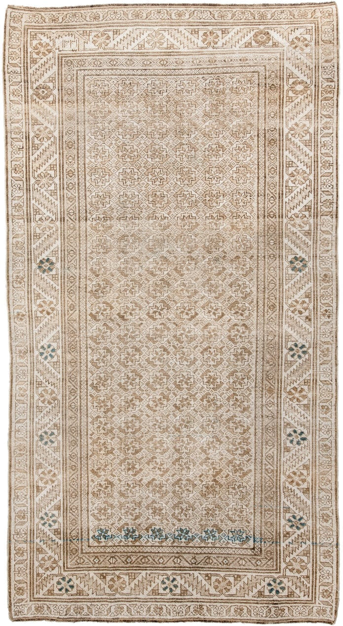 3' x 7' one-of-a-kind handmade vintage Belouch rug. Color palette: ivory, taupe, beige, camel, sky_blue, gray, light blue