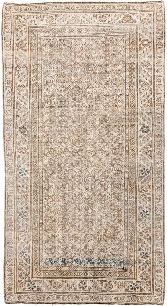 3' x 7' one-of-a-kind handmade vintage Belouch rug. Color palette: ivory, taupe, beige, camel, sky_blue, gray, light blue