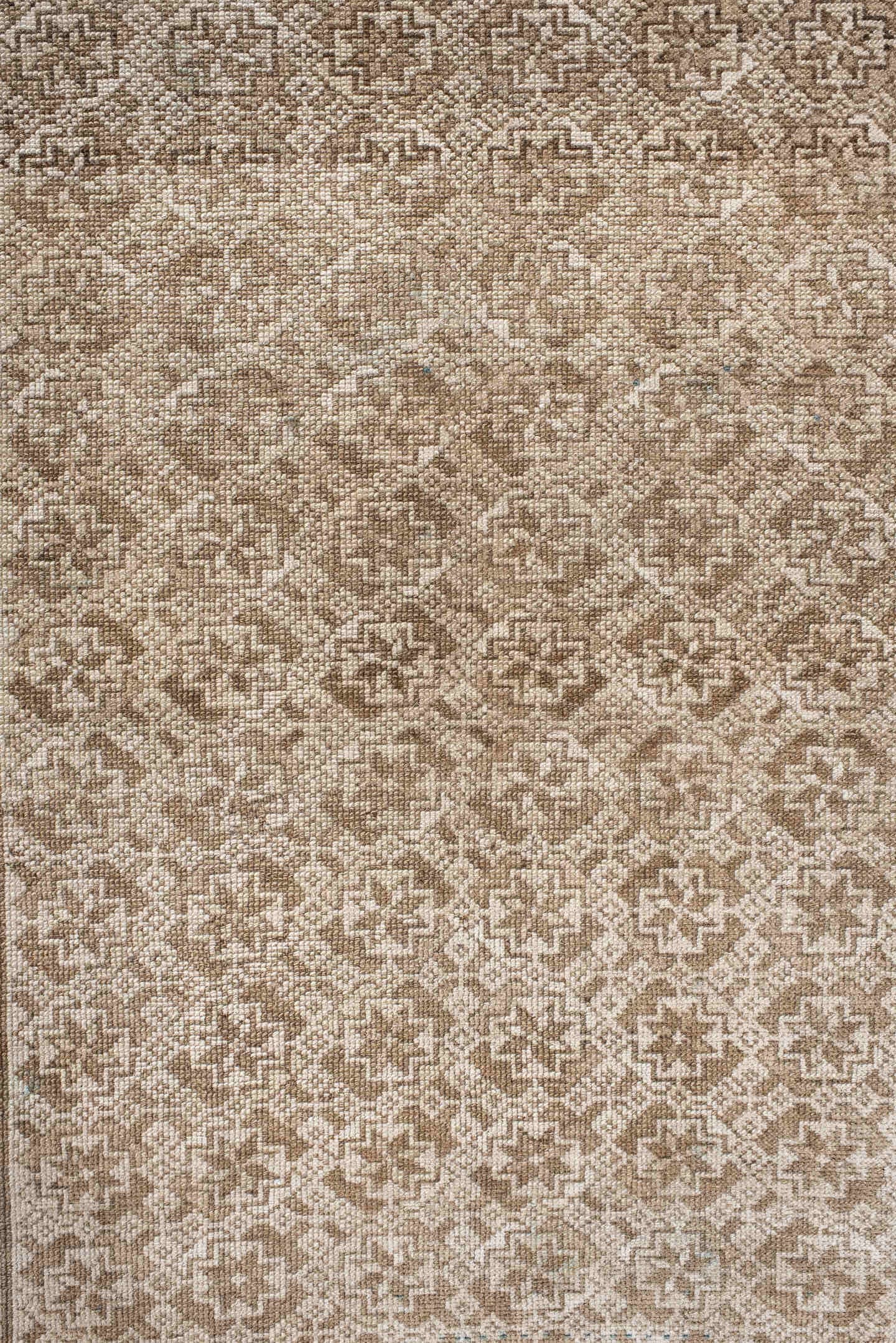 3' x 7' one-of-a-kind handmade vintage Belouch rug. Color palette: ivory, taupe, beige, camel, sky_blue, gray, light blue