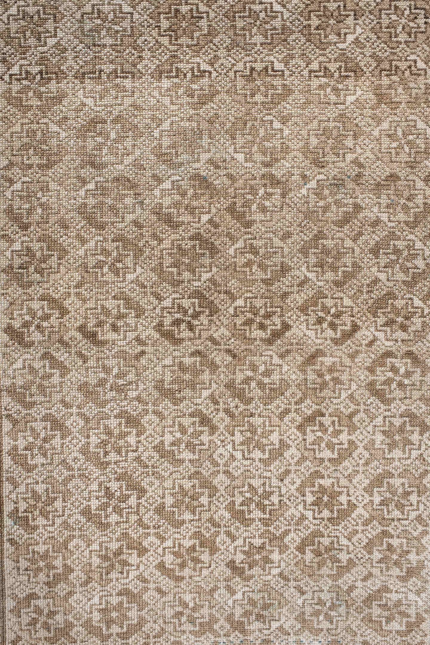 3' x 7' one-of-a-kind handmade vintage Belouch rug. Color palette: ivory, taupe, beige, camel, sky_blue, gray, light blue