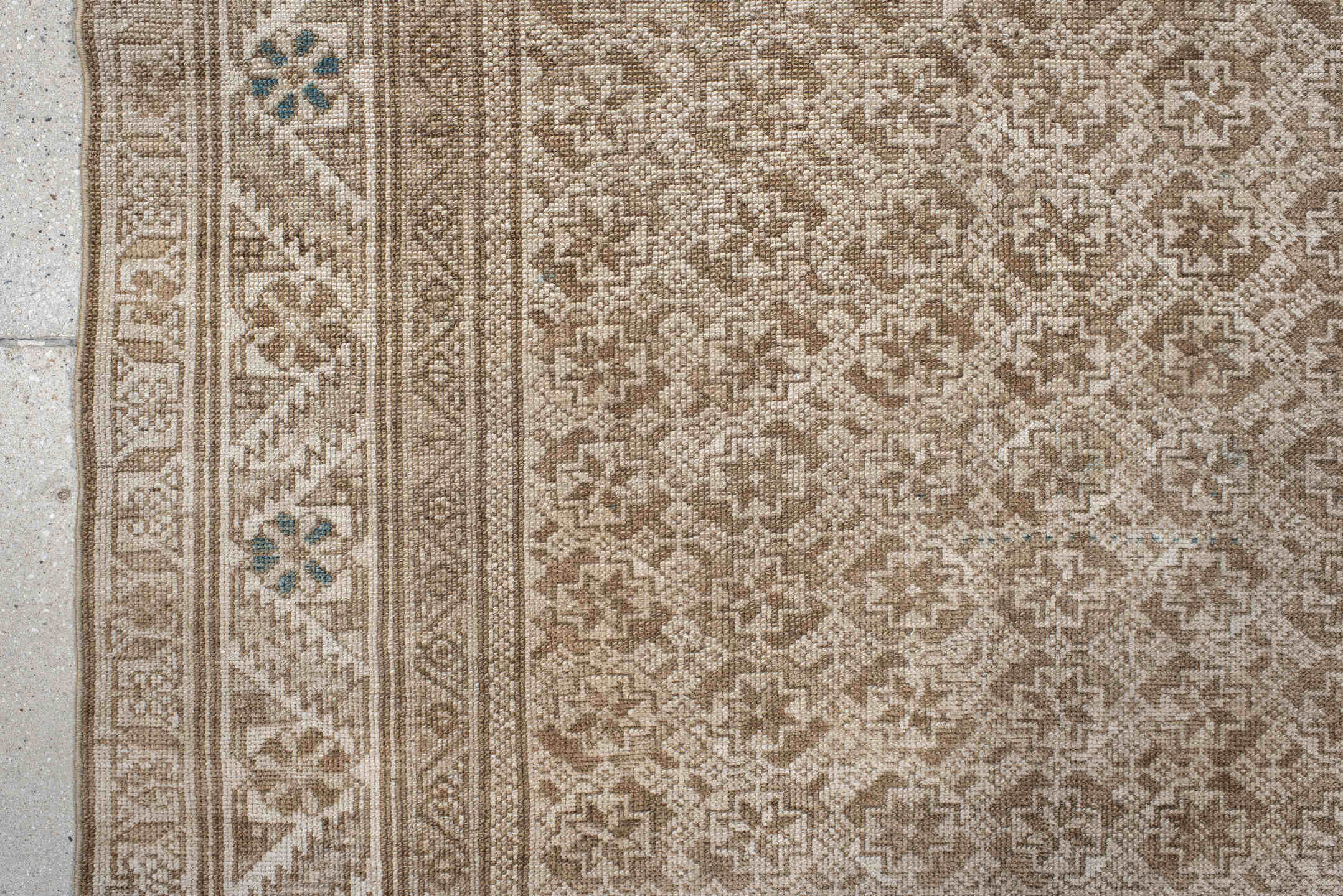 3' x 7' one-of-a-kind handmade vintage Belouch rug. Color palette: ivory, taupe, beige, camel, sky_blue, gray, light blue