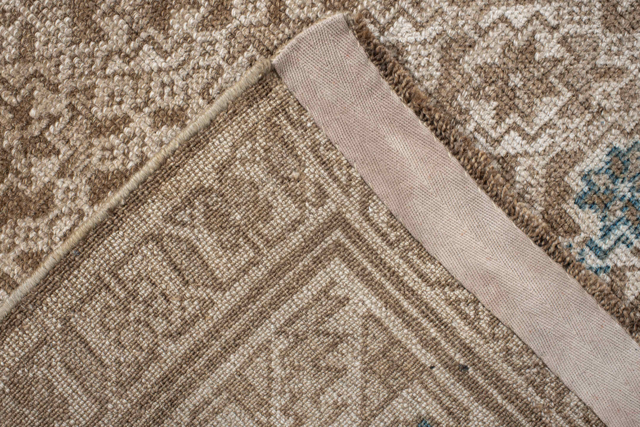 3' x 7' one-of-a-kind handmade vintage Belouch rug. Color palette: ivory, taupe, beige, camel, sky_blue, gray, light blue