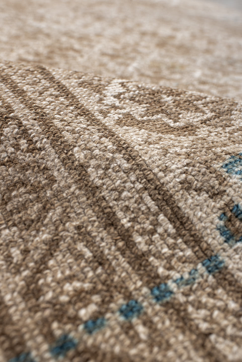 3' x 7' one-of-a-kind handmade vintage Belouch rug. Color palette: ivory, taupe, beige, camel, sky_blue, gray, light blue