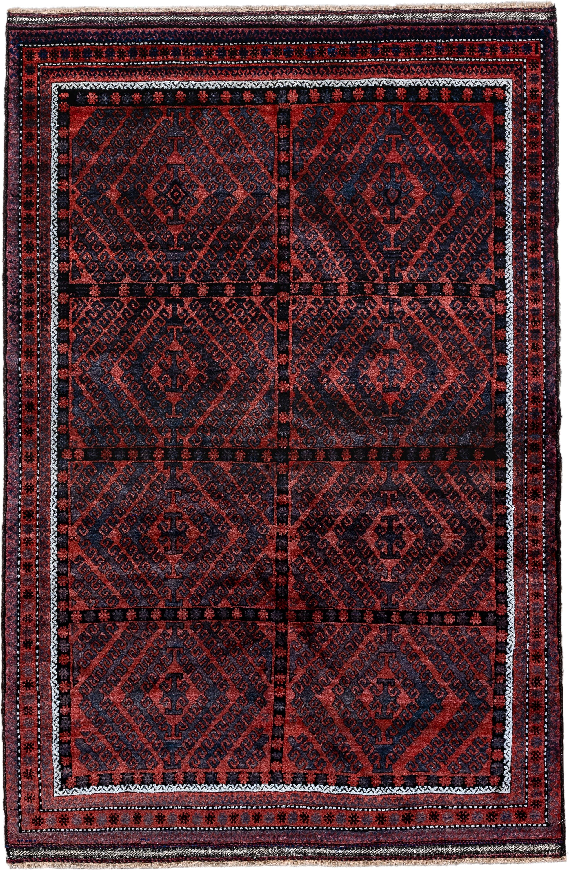 4' x 6' one-of-a-kind handmade vintage Belouch small size rug. Color palette: rust, navy, burgundy, ivory, charcoal