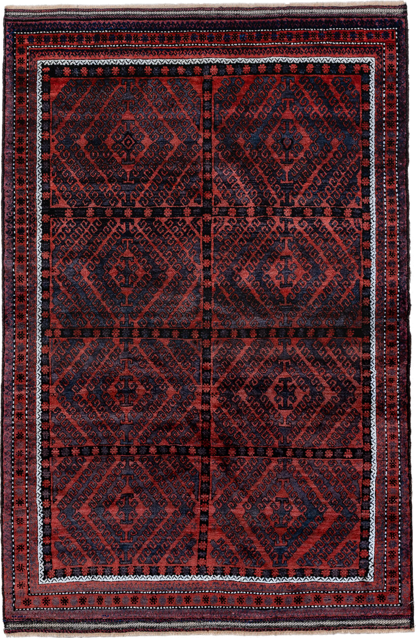 4' x 6' one-of-a-kind handmade vintage Belouch small size rug. Color palette: rust, navy, burgundy, ivory, charcoal