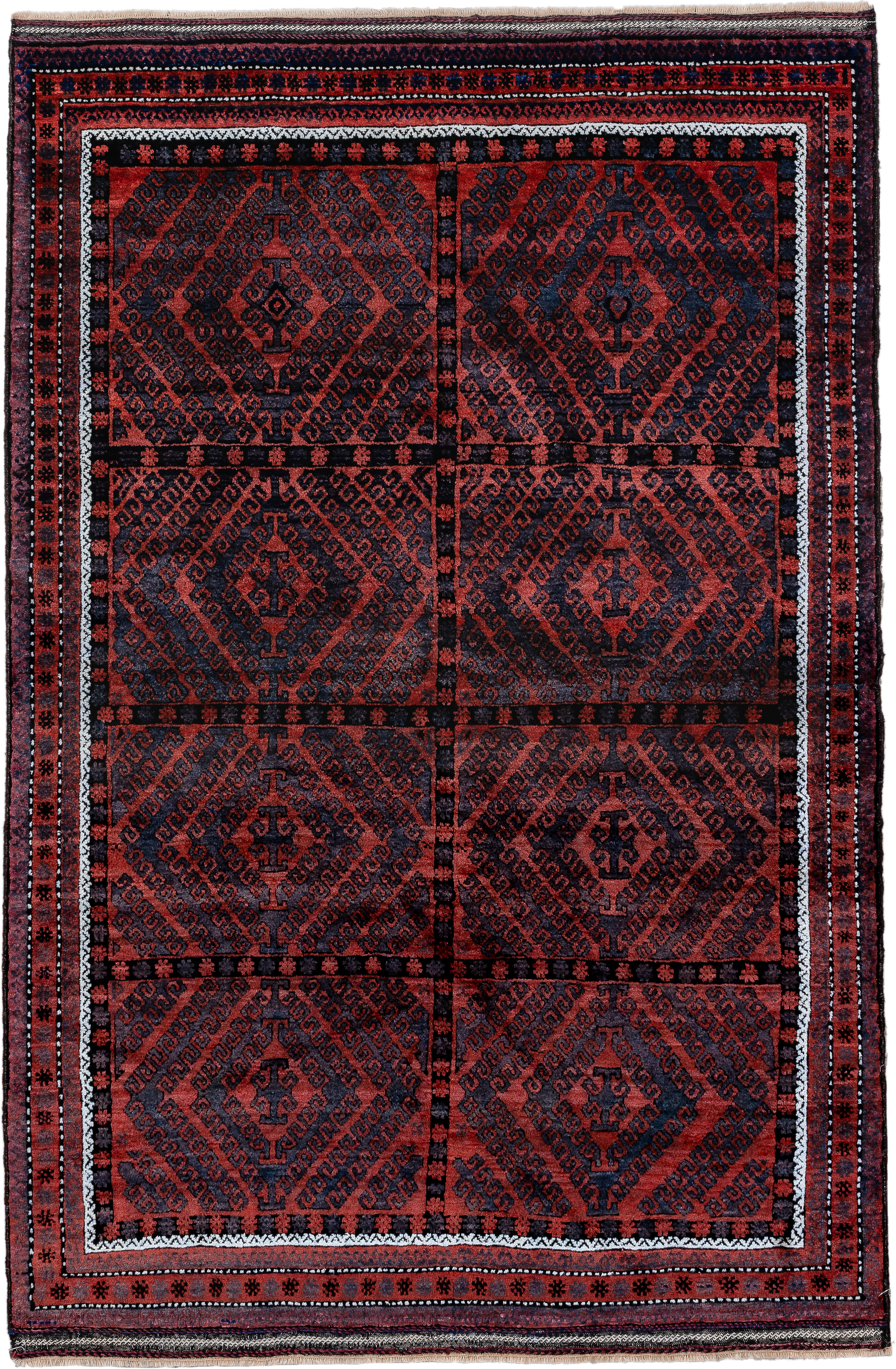 4' x 6' one-of-a-kind handmade vintage Belouch small size rug. Color palette: rust, navy, burgundy, ivory, charcoal